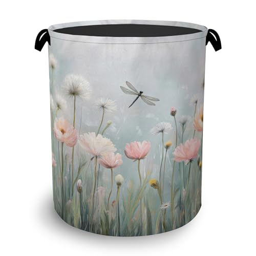 Dragonfly Laundry Hamper,Dandelion Flower Dirty Clothes Laundry Basket with Handles Waterproof Oxford Cloth Storage Basket for College Dorms Bathroom Bedroom 16" x 20.8" - color: Dragonfly Dandelion Flower