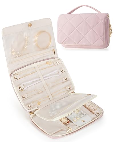 Marscamd Travel Jewelry Organizer Case for Women, Foldable Jewelry Bag for Earrings, Rings, Necklaces, Bracelets, Brooches, Pink - color: Pink