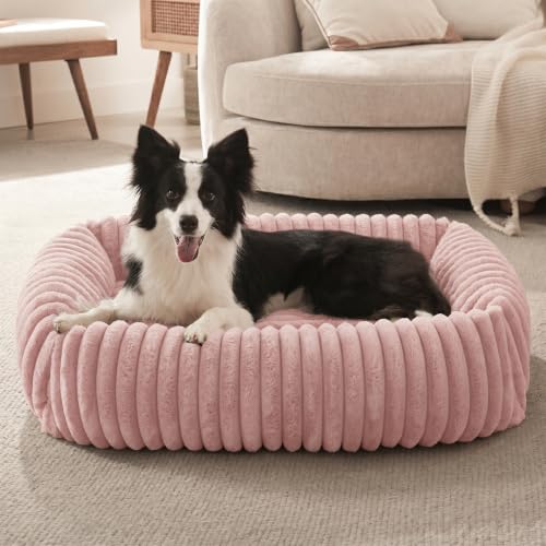 FURTIME Medium Dog Beds for Medium Dogs Washable, Orthopedic Dog Bed, Rectangle Warming Soft Calming Sleeping Puppy Bed Durable Pet Bed with Anti-Slip Bottom - color: Pink, size: M Plus (30"x24"x8")