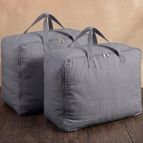2 Pack 100% Cotton 21"x 15"x 10" Grey Canvas Sweater Comforters Storage Bag with Handles for Home Travel Beddings Travel Pillow Blankets Saree Linen Organizer Thick Soft Breathable Closet Bag - color: Grey, size: 21"X 15"X 10"
