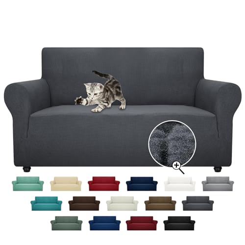 ZNSAYOTX Super Stretch Couch Cover Love Seat Sofa Covers for Living Room Dogs Pet Friendly Furniture Protector Spandex Loveseat Slipcovers with Anti Slip Foam Sticks (Dark Grey, Loveseat) - color: Dark Grey, size: Medium (57"-70")