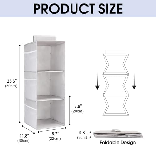3-Shelf Hanging Closet Organizer, Space Saver, Closet Hanging Storage Shelves with Mesh Pockets & Magic Tap for Storage, Foldable-Grey