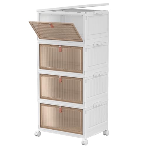 4 Tier Stackable Storage Bins with Lids, 28Qt Plastic Storage Containers with Magnetic Doors & Wheels, Convenient Storage Bins Closet Organizers, Rigid Household Organization for Home - size: 4-Tier 28Qt