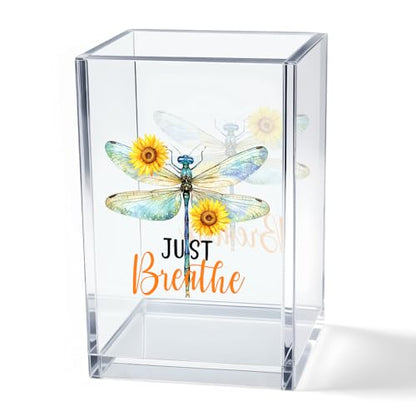 Just Breathe Acrylic Cosmetic Pencil Pen Holder Cup, Inspirational Dragonfly Desk Organizer Accessories for Home Office Decor, Motivational Encouragement Gifts for Women Girl Coworker Teacher - style: Breathe D