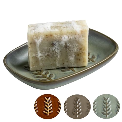 Miamolo Ceramic Soap Dish Bar Soap Holder for Shower, Soap Dishes for Bar Soap Sponge, Shower Soap Saver Tray for Bathtub Bathroom Kitchen Sink, Housewarming Gift, Pro-Environment, Dark Green - color: Dark Green, size: Leaf Design