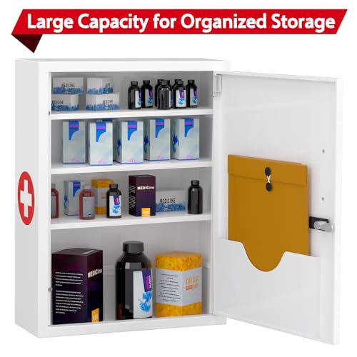 Wall-Mount Locking Medicine Cabinet: Large Metal Storage Organizer Box with Combination & Key Lock - Secure First Aid Medicine Cabinet for Bathroom Home Office(20.6" H x 15.75" W x 5.98" D) - color: Glossy White