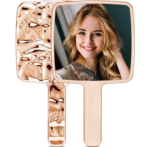 Handheld Mirror, Water Ripples Hand Mirror with Handle for Makeup, Square, Rose Gold, Large (6 x 11 inches) - color: Rose Gold, size: 11"L x 6.3"W
