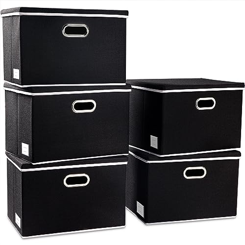 PRANDOM Large Foldable Storage Boxes with Lids [5-Pack] Organizer Containers Baskets Cube with Cover for Home Bedroom Closet Office Black17.7x11.8x11.8 For 6+ Year Old Boys and Girls - color: Black, size: L(5-Pack)