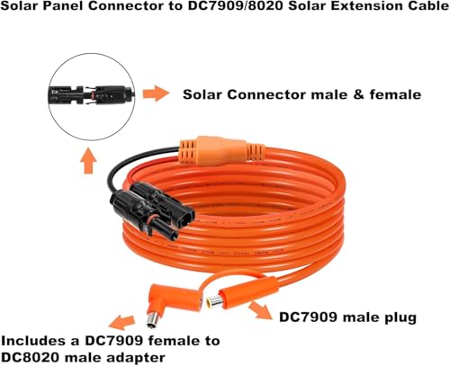 Solar Connector to DC 8mm Adapter Cable 15FT, 12AWG + 14AWG Tinned Copper Wire with DC7909 to DC8020 Adapter, Heavy Duty Charging Cable for Portable Power Station, RV, Outdoor Camping - size: 15FT