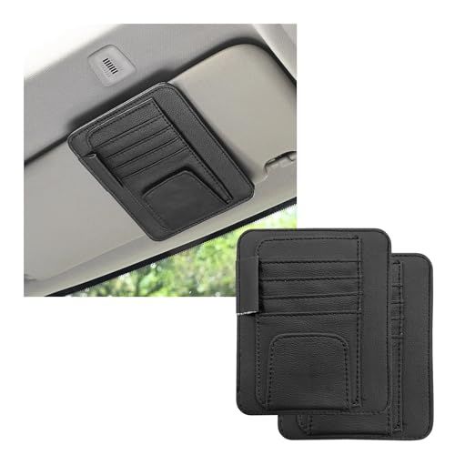 Dickno 2PCS Small Leather Car Sun Visor Organizer, Multifunctional Auto Visor Document Holder with Sunglasses Clip, Universal Car Interior Organizer for Drving License, Card, Pen (Black) - color: Black, 2PCS