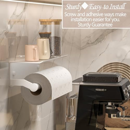 White Paper Towel Holder Wall Mount with Shelf for Bathroom, Matte White Adhesive Hand Towel Holder for Bathroom Kitchen RV - color: White General