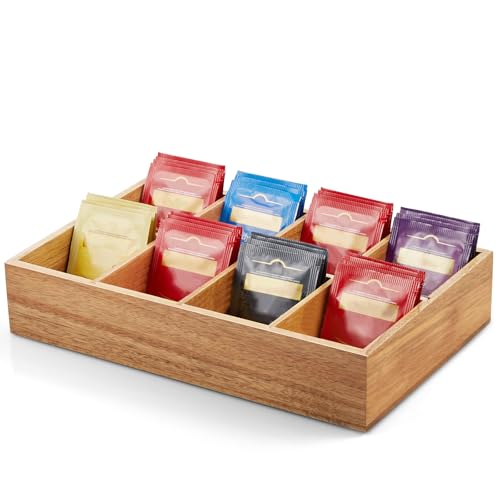 DRASTAR Acacia Wooden Tea Bag Organizer with 8 Slots, Sugar Packet Holder and Tea Bag Caddy Box for Countertop - color: Acacia, size: 8 Slots
