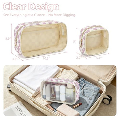 Fammart Clear Travel Makeup Bag for Women, TSA Approved Checkered Cosmetic Bag Make Up Car Organizer Case with Zipper, Large Waterproof Pouch Purse Toiletry Bag for Skincare, Brushes Travel Essentials - color: Clear, 2PCS - Dusty Pink Checkered