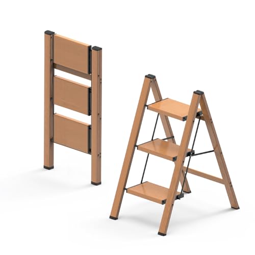 3 Step Ladder, Folding Aluminum Step Stool with Anti-Slip Wide Steps for Adults, Ideal for Kitchen, Closet, Bedroom, 330 lbs Capacity (Woodgrain) (Dark Woodgrain, 3 Step) - color: Dark Woodgrain