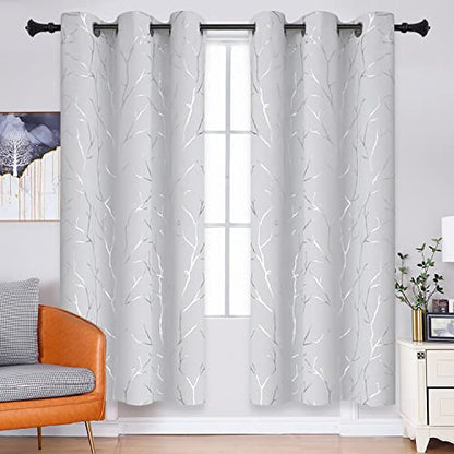 BUHUA White Bedroom Curtains 63 Inches Long, Room Darkening Blackout Curtains 2 Panel Sets, Elegant Silver Tree Branches Print Window Treament for Livingroom 38W x 63L, Greyish White - color: Greyish White, size: 38"W x 63"L (Pack of 2)