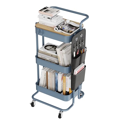 DTK 3 Tier Metal Utility Rolling Cart with Table Top and Side Bags, Metal Tray Storage Organizer Cart with Wheels, Art Craft Cart with 4 Hooks for Kitchen Bathroom Office Living Room (Blue) - color: Blue, size: Large