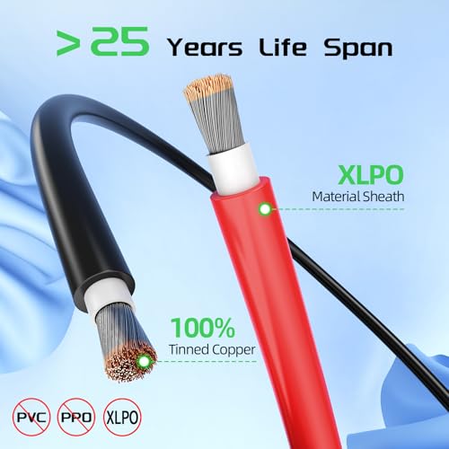 Bateria Power 2x50 Feet 8AWG (10mm²) Solar Panel Wire, Tinned Copper Solar Panel Extension Cable PV Wiring for Photovoltaic Solar System, Automotive RVs, Marine (50FT Red + 50FT Black) - color: Black+Red, size: 50Ft 8AWG