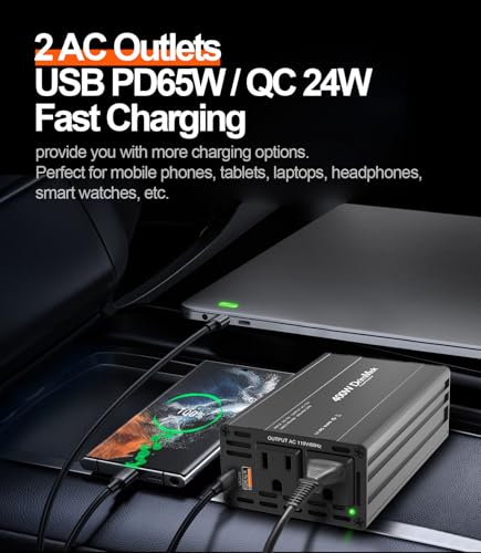 400W Car Power Inverter 12V to 110V AC｜24W+65W USB C, Laptop Charger | 65w Fast Charger,2 AC Output,Aluminum alloy casing - color: BLACK