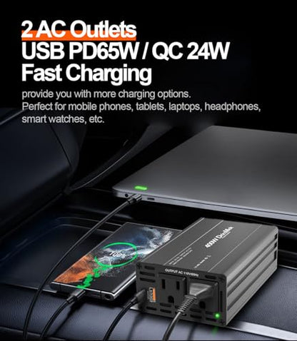 400W Car Power Inverter 12V to 110V AC｜24W+65W USB C, Laptop Charger | 65w Fast Charger,2 AC Output,Aluminum alloy casing - color: BLACK