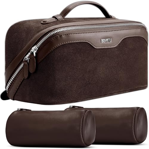 BOYATU Genuine Leather Travel Makeup Bag: Large Capacity 3 Pcs Set Cosmetic Bags for Women - Designer Waterproof Hand-made for Toiletry Organizer - Travel Essentials for Elegance (08Suede-Coffee) - color: 08Suede-Coffee