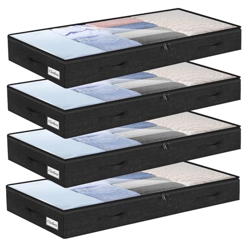 4 Inch Low Profile Under Bed Storage Drawer 4 Pack, Lightweight Underbed Clothes Storage Container Bins With NO STURCTURE, Shallow Storage Bag for Dorm & Home, With Clear Lids & Water-Resistant Fabric - color: Soft-Black-4 Pack, size: 4 Inch