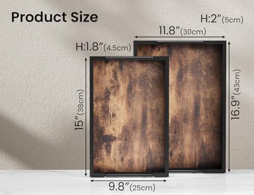 Fibogollo Wooden Set of 2 Serving Tray with Metal Handles,Ottoman Decorative Trays Platter for Coffee Table,Living Room,Bar,Party - size: Set of 2 (15 x 9.8 in and 17 x 12 in)