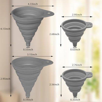 Kitchen Funnel Set 4 Pack, Small and Large, Kitchen Gadgets Accessories Foldable Silicone Collapsible Funnels for Filling Water Bottle Liquid Transfer Food Grade(Grey) - color: Grey