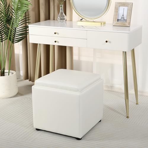 Adeco 17" White Storage Ottoman Cube with Tray Lid, Small Footstool with Storage, Square End Table for Living Room & Bedroom - color: White Leather With Tray