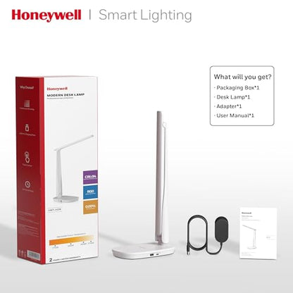Honeywell HWT-H2 LED Desk Lamp for Home Office, CRI94 Full Spectrum Eye-Caring Light, Dimmable Table Lamp with USB-A & USB-C Charging Ports, Foldable Touch Control Reading Lamp, White - color: White
