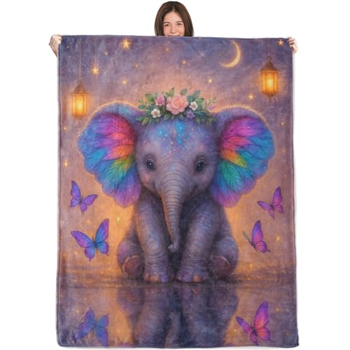 Whimsical Elephant Blanket,40x50in,Cozy Flannel Throw with Cute Rainbow Ear Flower Crown Butterfly Design,Soft Lightweight Gifts Blankets for Kids,Sofa Bed Travel Living Room Farmhouse Decor - color: Elephant, size: 50"x40"