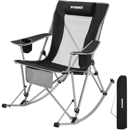 FUNDANGO Rocking Camping Chair, High Mesh Back Portable Folding Camp Chairs with Pillows, Cup Holder and Carry Bag for Lawn Patio Garden Outdoor Supports 300 Lbs (Black/Grey) - color: Black Rocklite-1 Pack