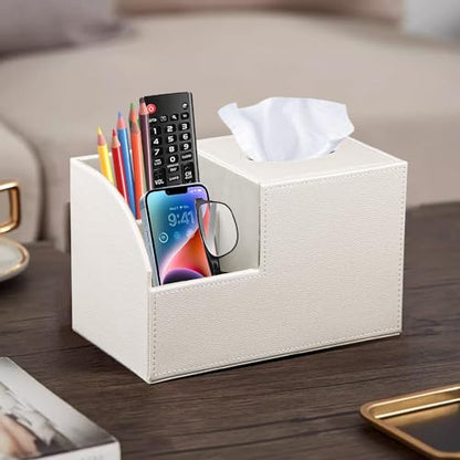 PU Leather Square Tissue Box Cover - Multi-Functional Tissue Box Holder, Tissue Box Cover with Storage,Tissue and Remote Control Holder, Cube Tissue Box Organizer Bedroom Nightstand End Table - color: Beige White