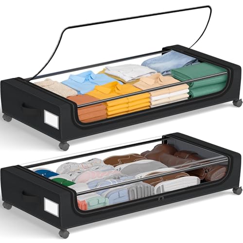 GoMaihe Under Bed Storage with Wheels: 70L Underbed Storage Containers with Clear Lids - Rolling Drawers & Bins for Shoes Clothes in Dorm Bedroom - Space-Saving Easy Pull-out Black 2-Pack - color: Black, size: Extra Large(2Pack)