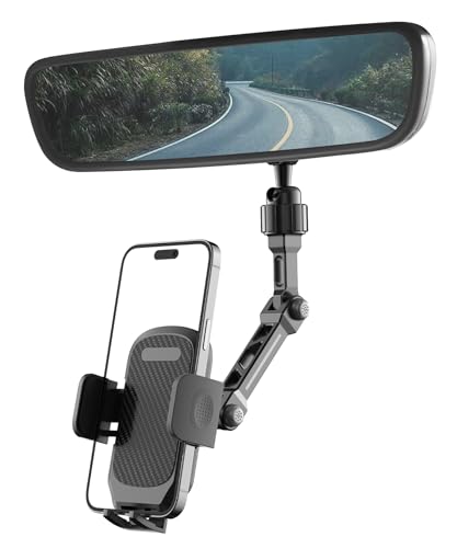 Rear View Mirror Phone Holder, Premium Aluminum Alloy Mount with Multi-Angle Adjustment, Rearview Mirror Phone Holder Mount For Car & Truck, Universal Accessories Compatible with All Cell Phone - color: Carbon Black