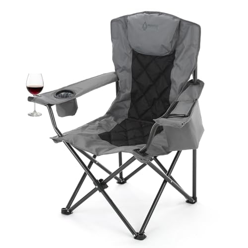 ARROWHEAD OUTDOOR Portable Deluxe Folding Camp Quad Chair w/Headrest, Glass & Cup Holders, Armest 6-can Cooler, Heavy Duty Carry Bag, 550 lbs Weight Capacity - color: Grey