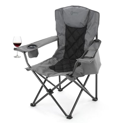 ARROWHEAD OUTDOOR Portable Deluxe Folding Camp Quad Chair w/Headrest, Glass & Cup Holders, Armest 6-can Cooler, Heavy Duty Carry Bag, 550 lbs Weight Capacity - color: Grey