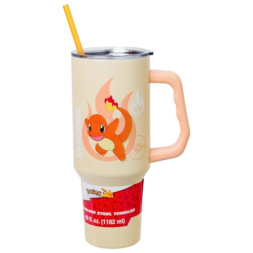 Silver Buffalo Pokémon Featuring Charmander Stainless Steel Tumbler with Handle, Fits in Standard Cup Holder, 40 Ounces - color: Charmander Pokemon