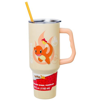 Silver Buffalo Pokémon Featuring Charmander Stainless Steel Tumbler with Handle, Fits in Standard Cup Holder, 40 Ounces - color: Charmander Pokemon