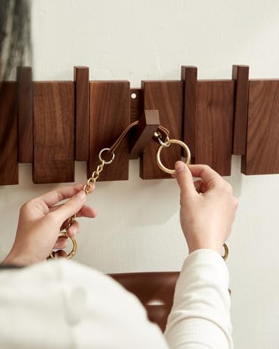 Wood Coat Rack Wall Mount - Large Walnut Piano Coat Rack wtih 5 Hooks for Hanging Clothes,Keys,Robes,Purse,Towels,Modern Decorative Wall hooks Heavy Duty Hanger Organizer for Bathroom/Bedroom/Entryway - size: 5 Hooks
