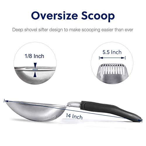 WePet Cat Litter Scoop, Aluminum Alloy Sifter, Kitty Metal Scooper, Deep Shovel, Long Handle, Poop Sifting, Kitten Pooper Lifter, Durable, Heavy Duty, for Litter Box - color: FLAT Aluminum \ #06 Black Handle, size: Large