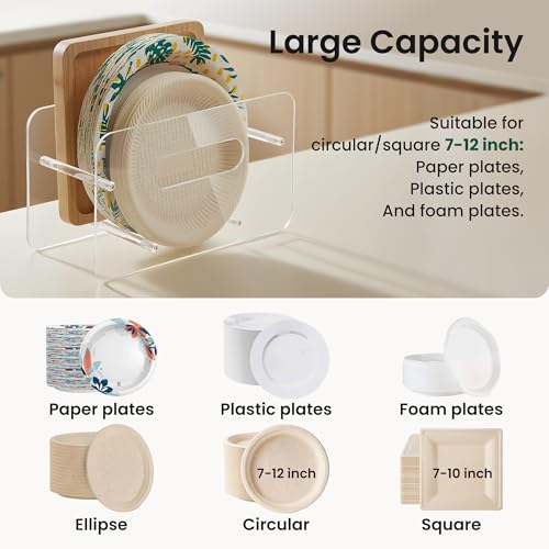 Disposable Paper Plate Dispenser for 7-12 Inch,Clear Acrylic,Round/Square Plastic, Foam & Paper Storage Organizer, for Cabinet, Countertop, Rv or Outdoor Use