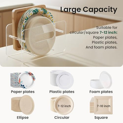 Disposable Paper Plate Dispenser for 7-12 Inch,Clear Acrylic,Round/Square Plastic, Foam & Paper Storage Organizer, for Cabinet, Countertop, Rv or Outdoor Use