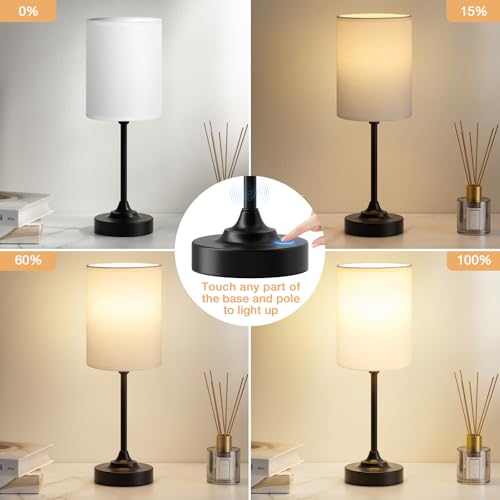 Fenmzee Touch Nightstand Bedroom Lamp - 3 Way Dimmable Bedside Lamp, Small Table Lamp Linen Lampshade for Office Desk, LED Bulb Included - color: White Shade-Black Base, size: 14" Touch Control