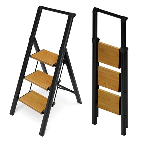 HillhutApex 3 Step Foldable Aluminum Step Ladder with Handgrip, Anti-Slip Wide Pedal, 330 lbs Capacity, Lightweight & Portable for Home, Kitchen, Office (Black & Woodgrain) - color: Black&woodgrain, size: 3 Step With Handrail