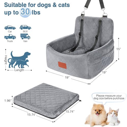 WOOAIDAGG Dog Car Seat for Small Dogs Under 30lbs,Comfy & Safe Travel Bed with Washable Cover,2 Clip-On Safety Leashes and Pockets,Anti-Slip Base,Easy to Install(Grey) - color: Grey