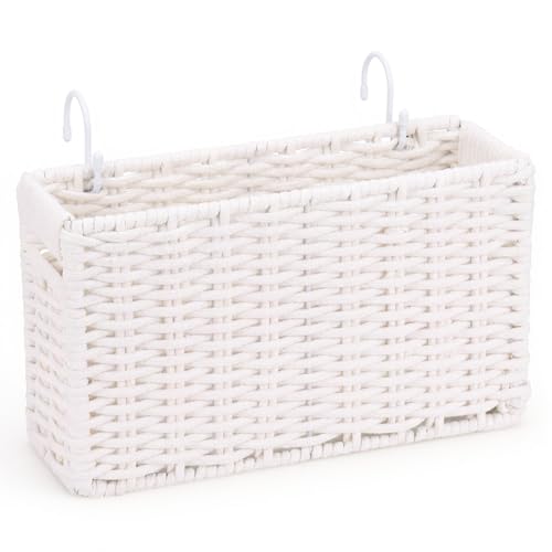 Cotton Rope Woven Bedside Caddy for Dorm Bed, Foldable Bedside Shelf Bunk Bed Accessories, College Dorm Room Essentials Hanging Organizers Storage Basket, Room Decor Magazine File Holder (White) - color: White