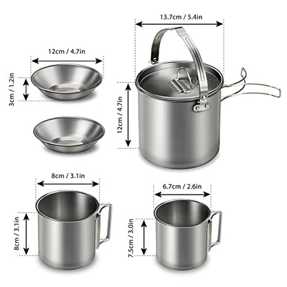 Lixada 5PCS Camping Cookware Set Stainless Steel 1.2L Camping Pot with 2 Cups & 2 Bowls, Lightweight Portable Backpacking Pot with Foldable Handles & Lid for Outdoor Cooking Hiking Picnic