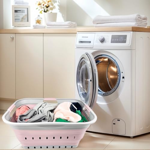 SAMMART 42L (11 gallon) Collapsible Plastic Laundry Basket - Foldable Pop Up Storage Container/Organizer - Portable Washing Tub - Space Saving Hamper/Basket (Grey/Pale Pink) - color: Grey/Pale Pink