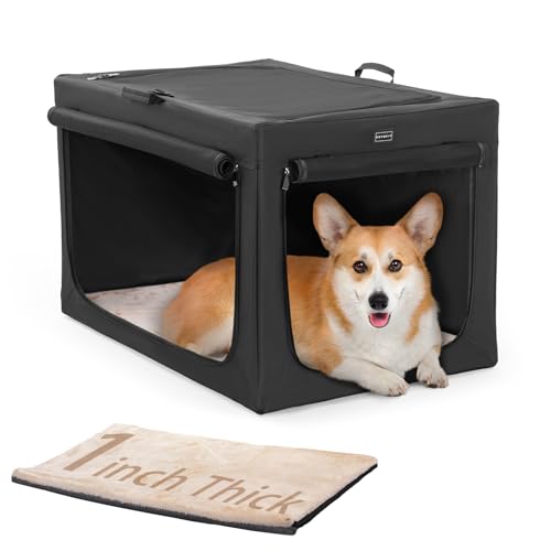 PETSFIT Portable Dog Crate for Medium Dogs, – 30" Soft Dog Travel Crates with Lockable Zippers & Thicken Mat, Adjustable Patented Spiral Steel Frame, Collapsible Kennel for Indoor & Outdoor - color: Black(With Mat), size: 30.0"L x 20.0"W x 19.0"H