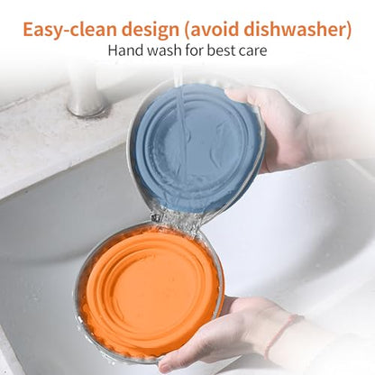 Collapsible Dog Bowls, 2-in-1 Travel Double Bowl Water Food Feeder Portable Pet Traveling Camping & Walking 25oz (Blue Orange) - color: Blue orange